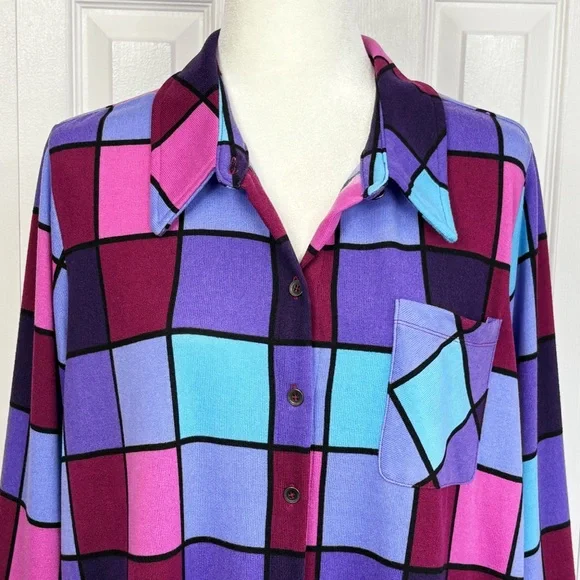Denim & Co. Bold Colorful Check Print Knit Button Down Tunic Shirt 1X - Picture 2 of 16